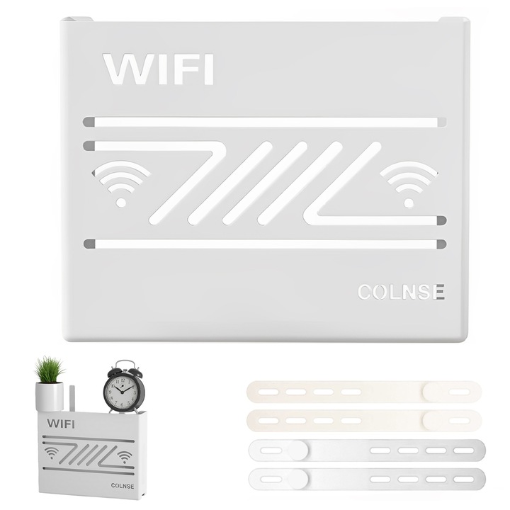 Поддържащ рафт за безжичен рутер, BYONDSELF, използва се за блокиране на кабели и WI-FI оборудване, може да се монтира на стена, 29*23*7 см, повдигнат, пластмасов, с 4 организатора за кабели, бял