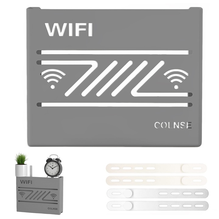 Поддържащ рафт за безжичен рутер, BYONDSELF, 29*23*7 см, използва се за блокиране на кабели и WI-FI оборудване, може да се монтира на стена, повдига се, с 4 органайзера за кабели, сив