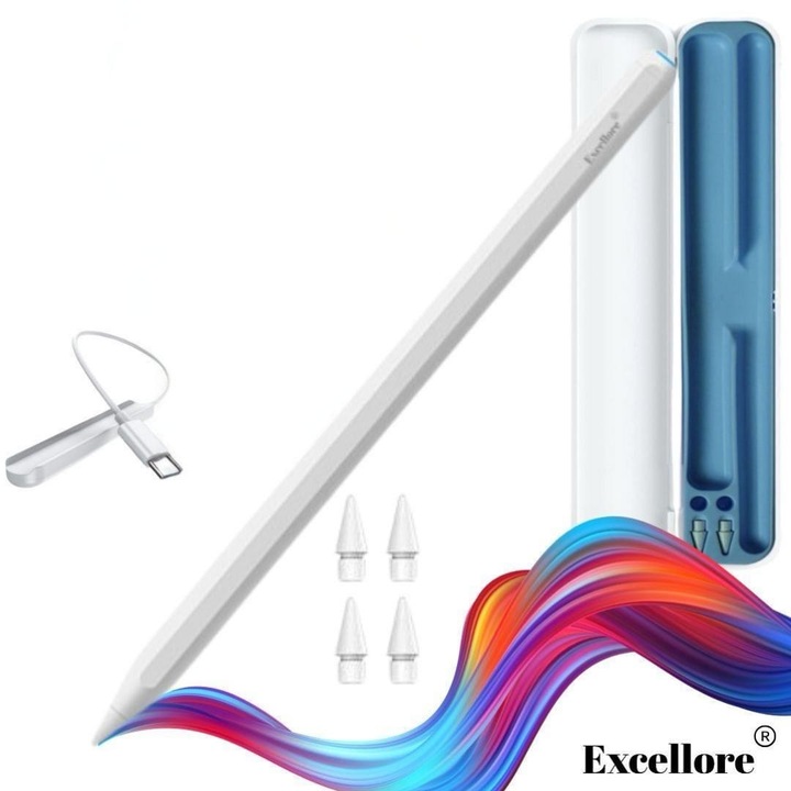 Stylus Pen iPad Excellore®️, 4th Gen Pro, Conectivitate iPad 2018-2024, Tilt, Functie Respingere Palma, Fara Lag, Incarcare Magnetica Wireless, Atasare Magnetica, Functie Scurtaturi Touch, Incarcator Wireless, Carcasa Depozitare si 4 Varfuri de Rezerva