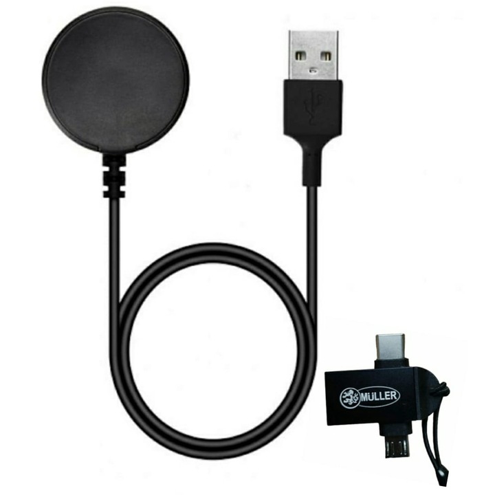 Muller® зарядно устройство и OTG USB към Type-c, включва микро USB, за Samsung Galaxy Watch Active / Active 2 / Watch 3 / Watch 4 / Watch 4 Classic / Watch 4 / 5 / 6 / 7 Pro, черен