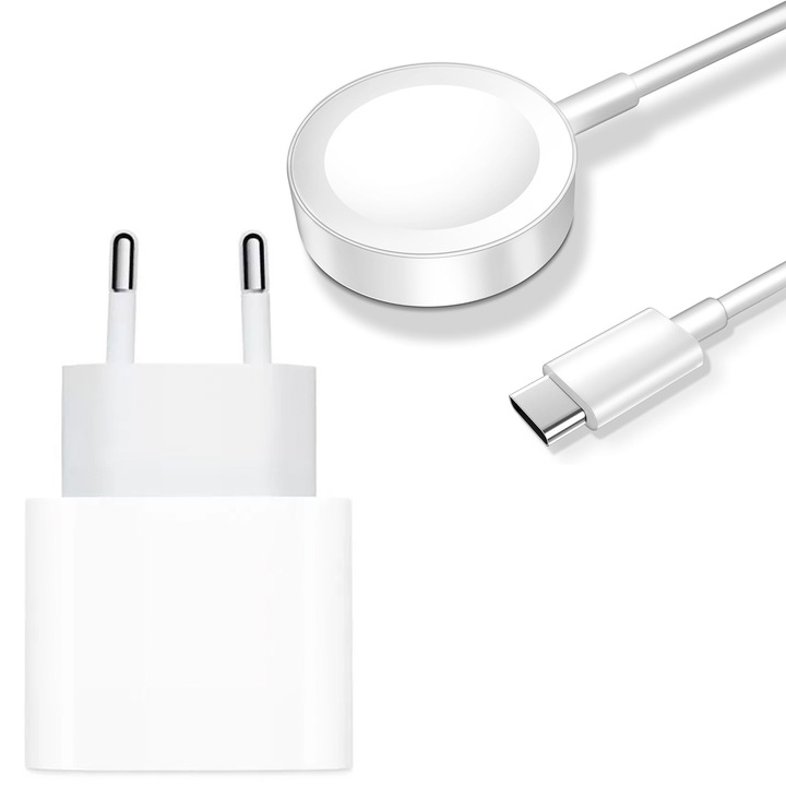 Incarcator cu adaptor compatibil cu Apple Watch ZAFIT®, Wireless, Magnetic, Lungime cablu 1m cu iesire port USB Tip C, Alb