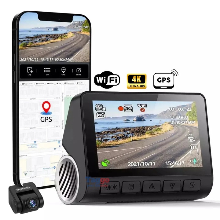 Видеорегистратор V55PRO 4K + задна камера 1080P, WiFi, WDR, Нощно виждане