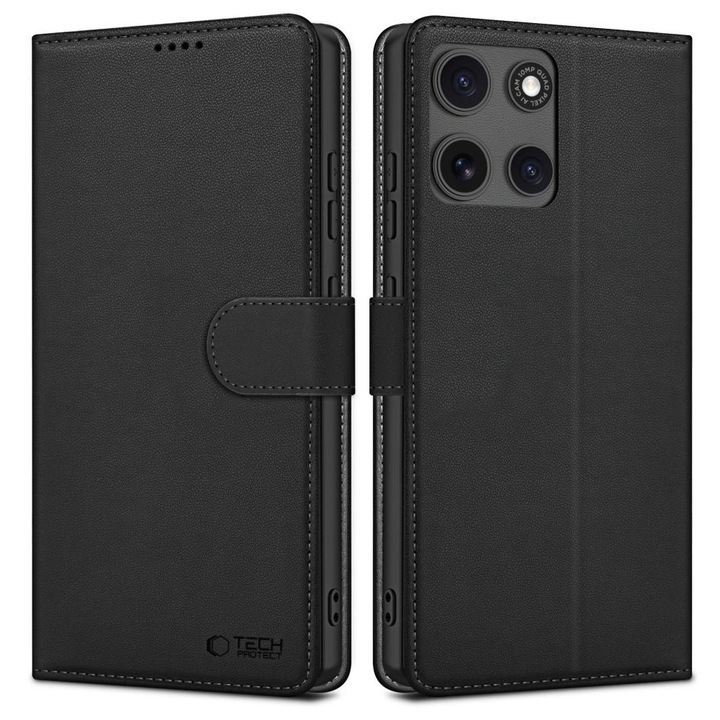 Telefontok, Tech-Protect, Eco-bőr / TPU, Motorola Moto G15 / G15 Powerhez, Pénztárca és állvány funkció, Fekete