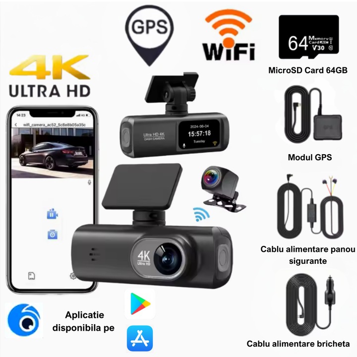 Видеорегистратор KLESTRY K600S UHD 4K, Задна камера FHD 1080P, GPS, MicroSD карта 64GB V30, Постоянно захранване, WI-FI, Телефонно приложение, G сензор, Нощно виждане, Мониторинг на паркинг, Циклично записване, Ъгъл на заснемане 170°