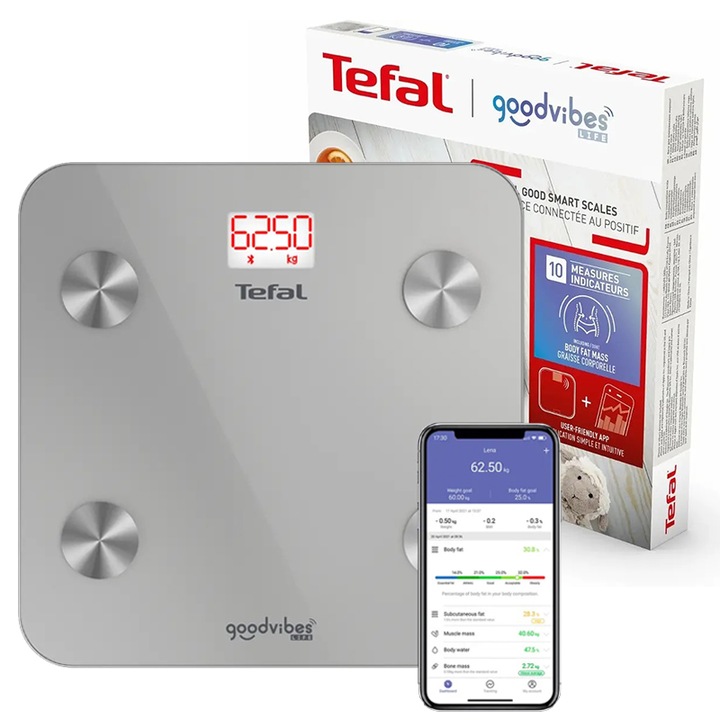 Cantar de persoane inteligent Tefal Goodvibes Life BM9600S1, 160 Kg, 10 masuratori, Bluetooth, Argintiu