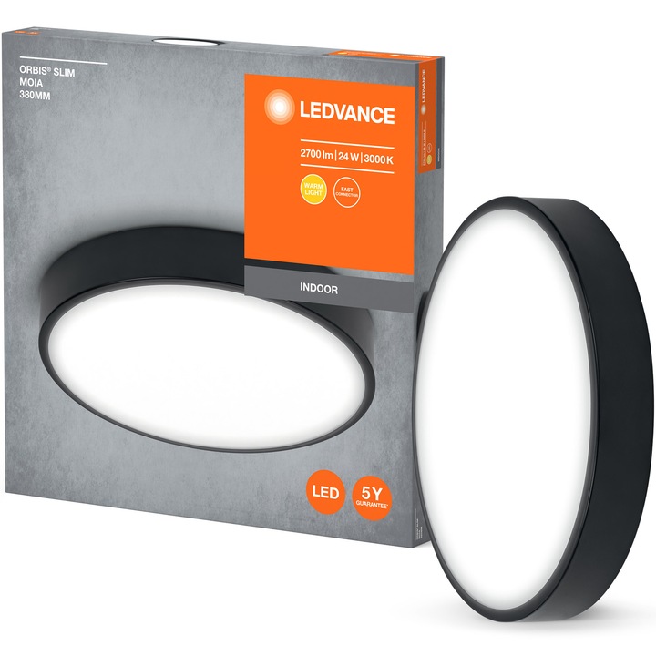 Plafoniera LED LEDVANCE Orbis Slim Moia, 24W, 2700 lm, Ø380 mm, lumina calda (3000K), IP20, montaj aplicat, Negru, clasa energetica E