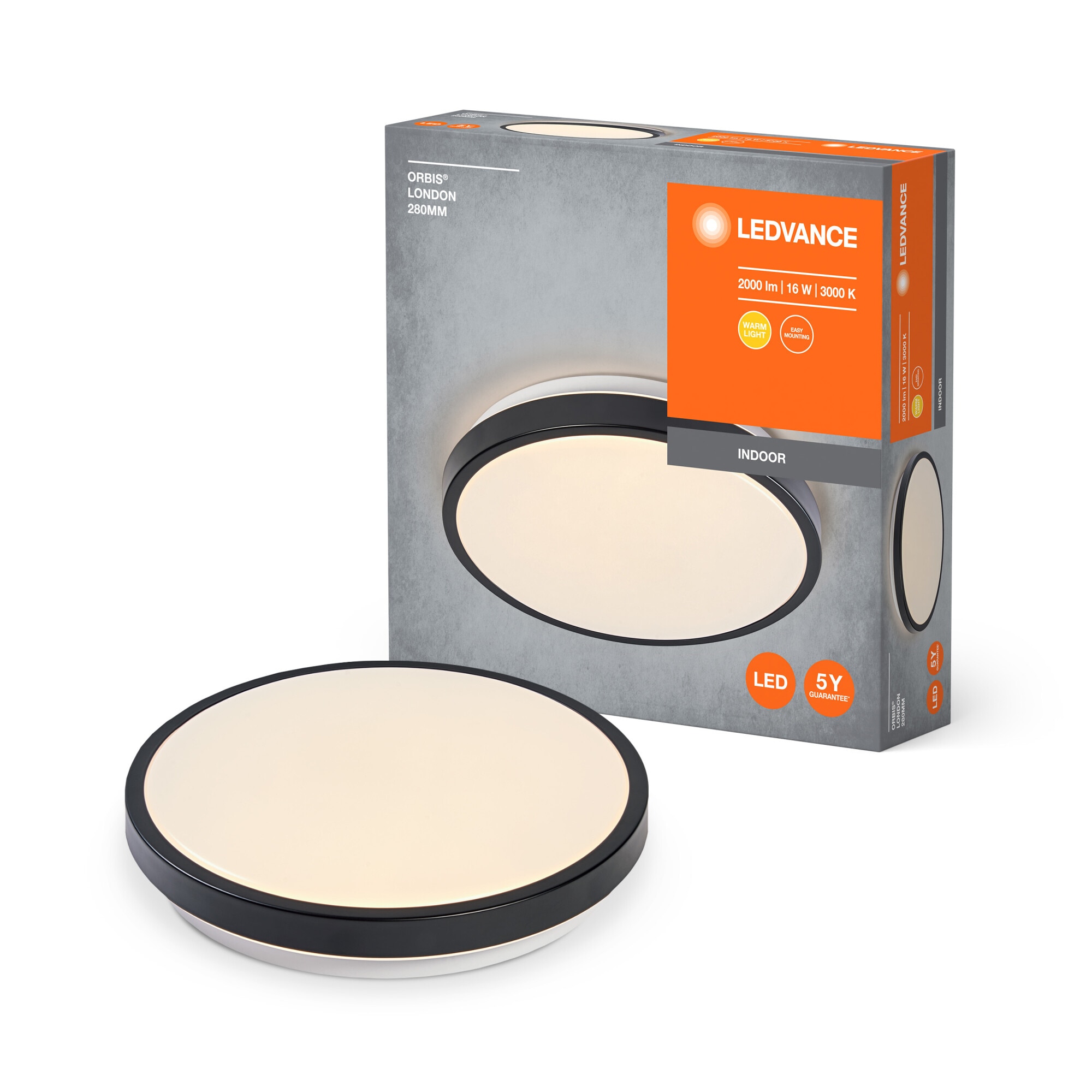 Plafoniera LED LEDVANCE Orbis London, Ø280 mm, 16W, 2000 lm, lumina calda (3000K), IP20, montaj aplicat, Negru, clasa energetica E