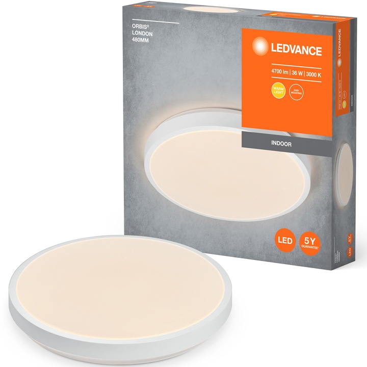 Plafoniera LED LEDVANCE Orbis London, 36W, 4700 lm, Ø480 mm, lumina calda (3000K), IP20, montaj aplicat, Alb, clasa energetica D
