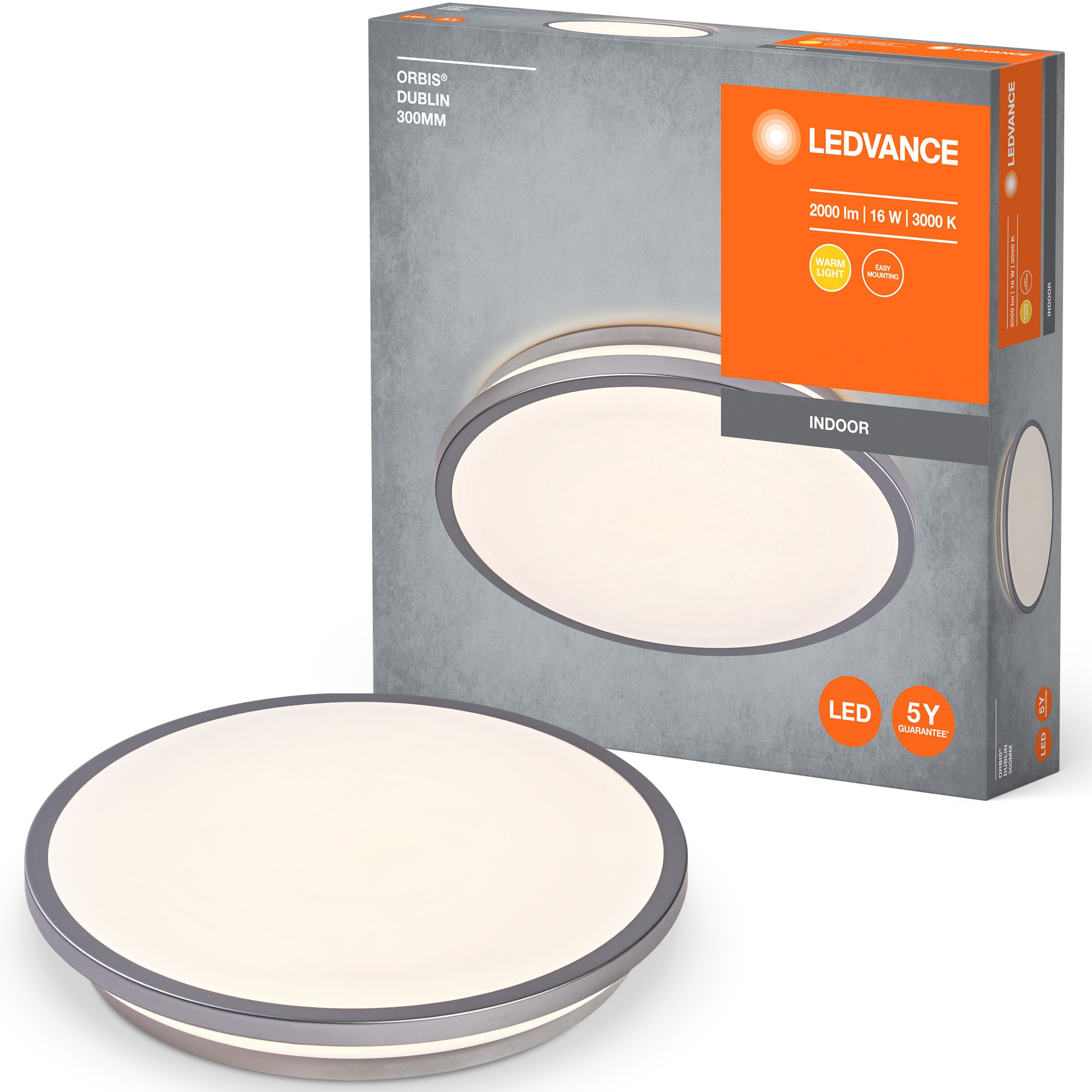 Plafoniera LED LEDVANCE Orbis Dublin, Ø300 mm, 16W, 2000 lm, lumina calda (3000K), IP20, montaj aplicat, Argintiu, clasa energetica E