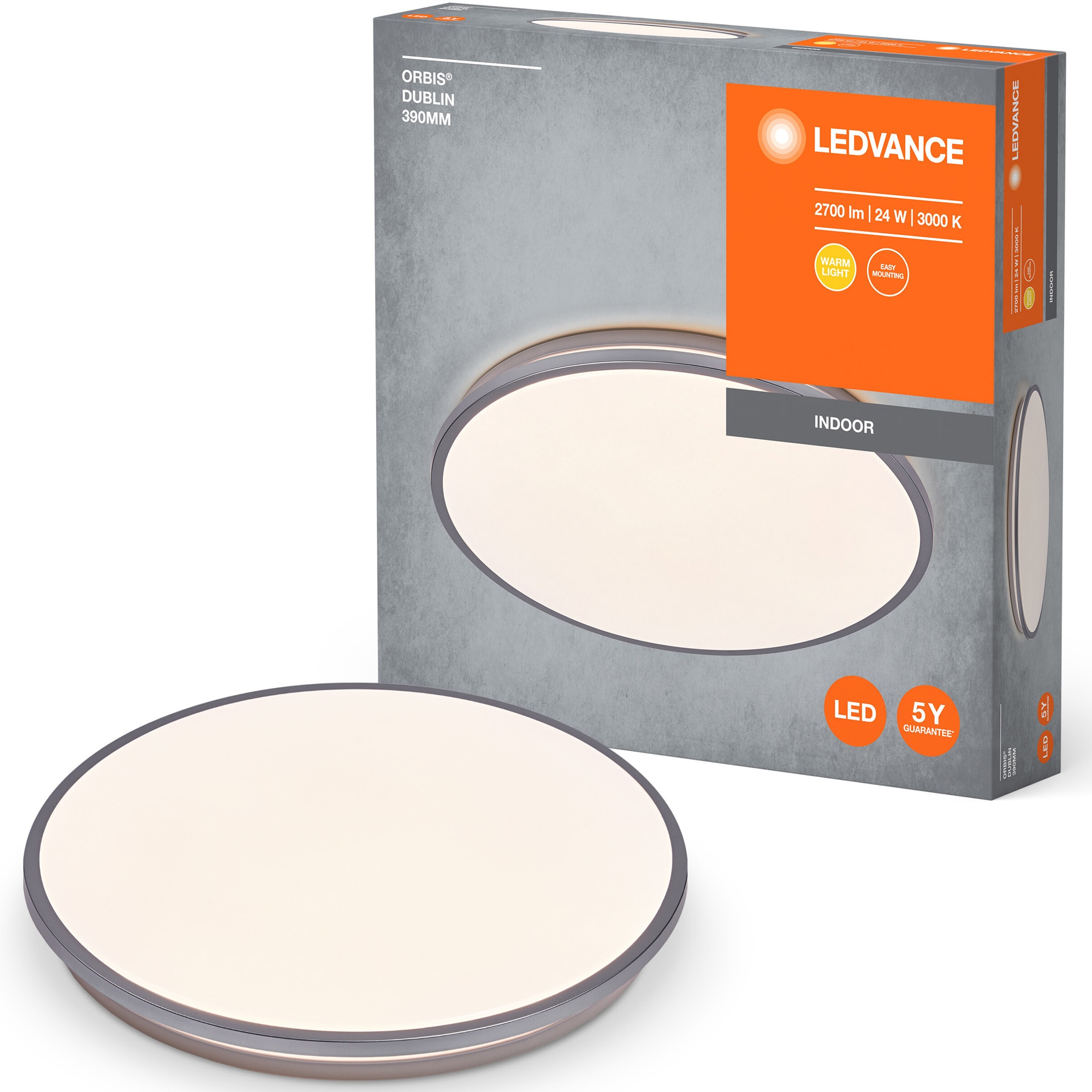 Plafoniera LED LEDVANCE Orbis Dublin, Ø390 mm, 24W, 2700 lm, lumina calda (3000K), IP20, montaj aplicat, Argintiu, clasa energetica F