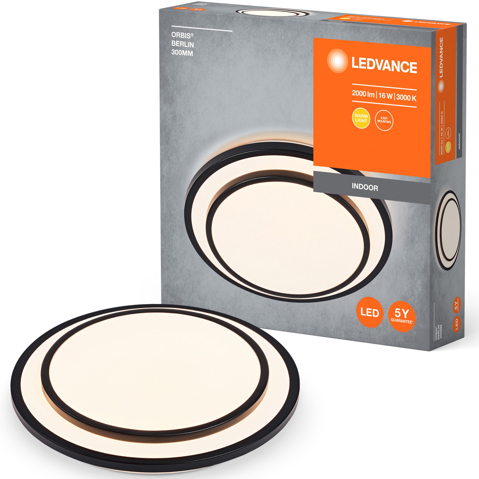 Plafoniera LED LEDVANCE Orbis Berlin, Ø300 mm, 16W, 2000 lm, lumina calda (3000K), IP20, montaj aplicat, Negru, clasa energetica E
