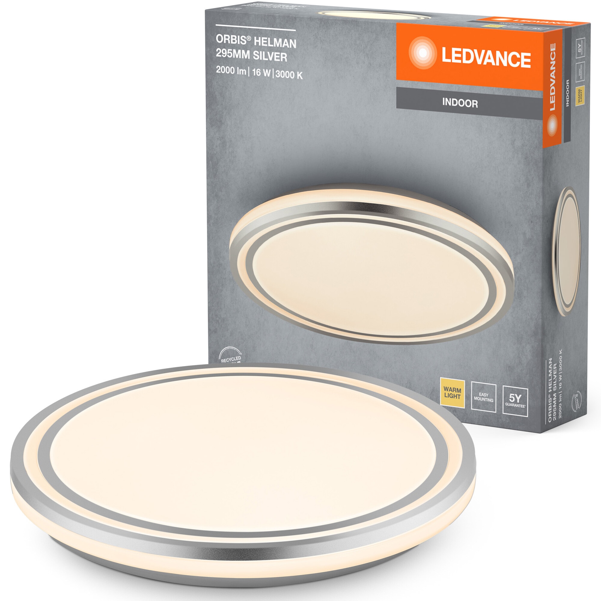Plafoniera LED LEDVANCE Orbis Helman, Ø295 mm, 16W, 2000 lm, lumina calda (3000K), IP20, montaj aplicat, Argintiu, clasa energetica E