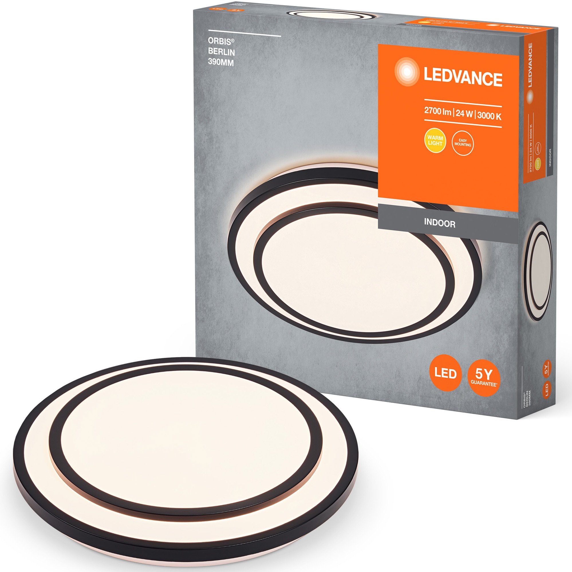 Plafoniera LED LEDVANCE Orbis Berlin, Ø390 mm, 24W, 2700 lm, lumina calda (3000K), IP20, montaj aplicat, Negru, clasa energetica F