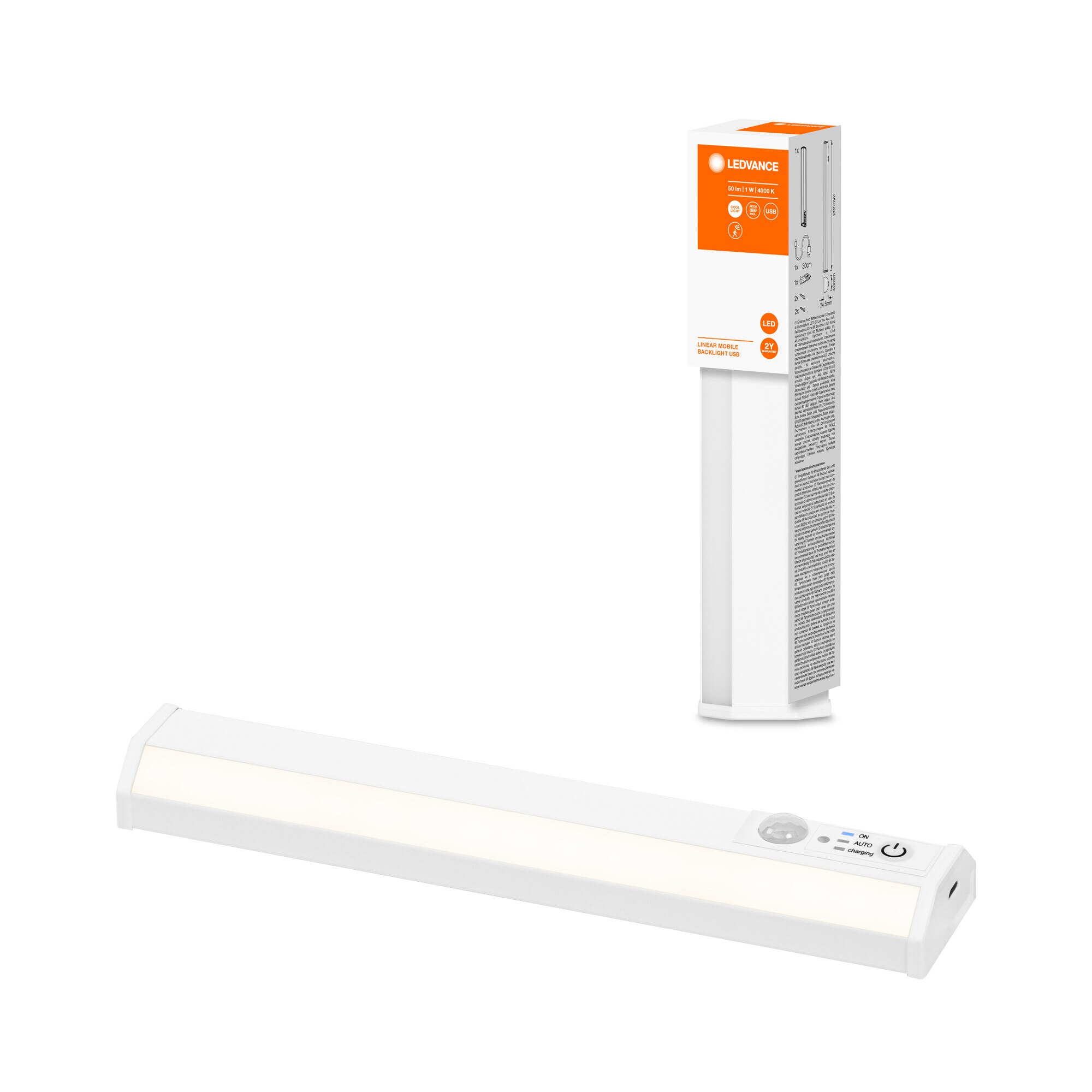 Corp LED liniar LEDVANCE cu senzor de miscare si lumina, 1W, 50 lm, lumina neutra (4000K), USB, IP20, lungime 200 mm, 1 x 3.7 V Litiu-Ion 500 mAh, Alb