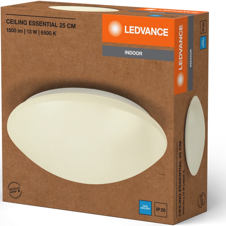 LEDVANCE Essential LED mennyezeti lámpa, Ø25 cm, 13W, 1500 lm, Hideg fény (6500K), IP20, Felületre szerelhető, F energiaosztály, Fehér