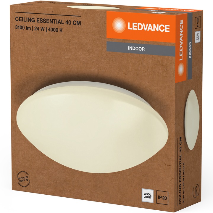 Plafoniera LED LEDVANCE Essential, Ø40 cm, 24W, 3100 lm, lumina neutra (4000K), IP20, montaj aplicat, Alb, clasa energetica E