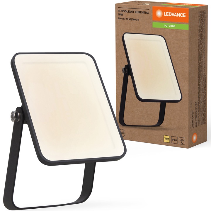 Proiector LED LEDVANCE Essential, 10W, 900 lm, lumina calda (3000K), IP65, Negru, clasa energetica F