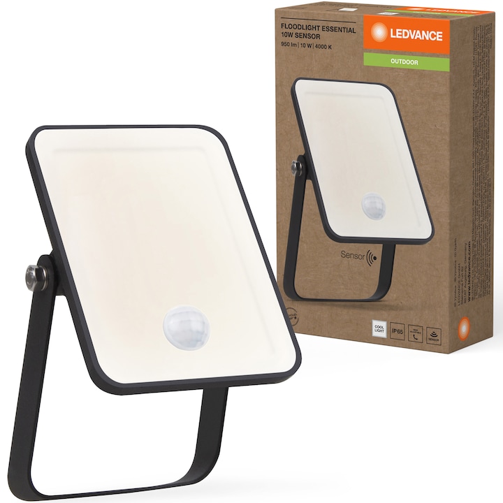 Proiector LED LEDVANCE Essential cu senzor de miscare si lumina, 10W, 950 lm, lumina neutra (4000K), IP65, Negru, clasa energetica F