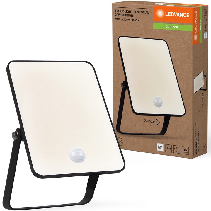 Proiector LED LEDVANCE Essential cu senzor de miscare si lumina, 20W, 1900 lm, lumina neutra (4000K), IP65, Negru, clasa energetica F