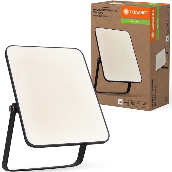 Proiector LED LEDVANCE Essential, cablu 1 metru, 30W, 2700 lm, lumina neutra (4000K), IP65 proiector/IP44 cablu, Negru, clasa energetica F