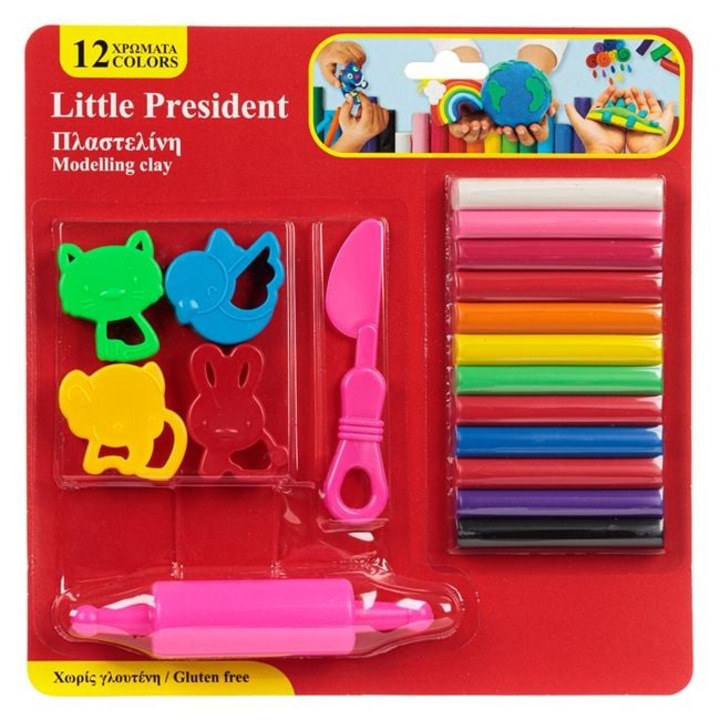 12 különböző színű gyurmakészlet formákkal, hengerrel és késsel - 18 darab