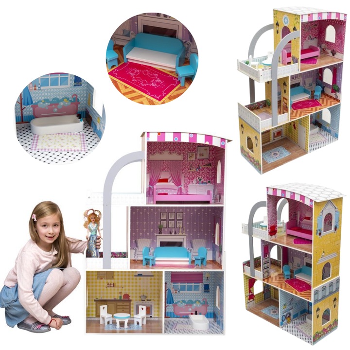 Луксозна къща за кукли, Kathay-Haster, 3 етажа, включен комплект мебели, 103 см, многоцветна