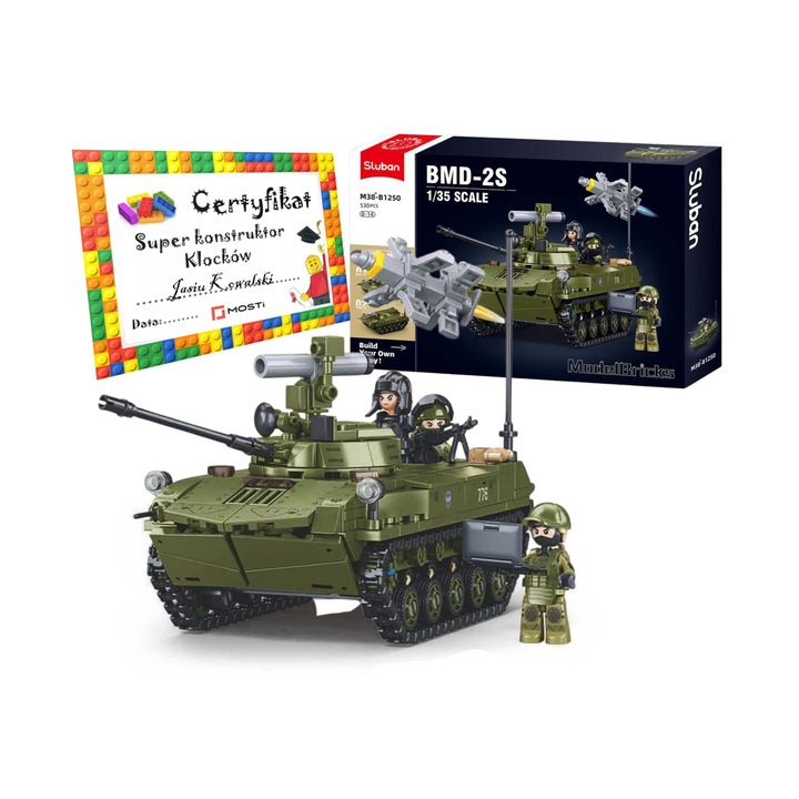 Конструктор Sluban, военен танк БМД-2, 530 части, 3 фигурки, ракета