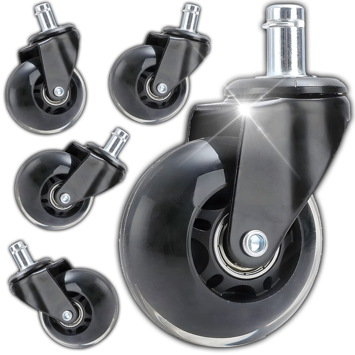5 db-os gumikerék készlet játék- és asztali székekhez, RETOO ProOffice, átmérő 3", rúd 10x22 mm, univerzális, csúszásgátló, kemény felületen használható, fekete