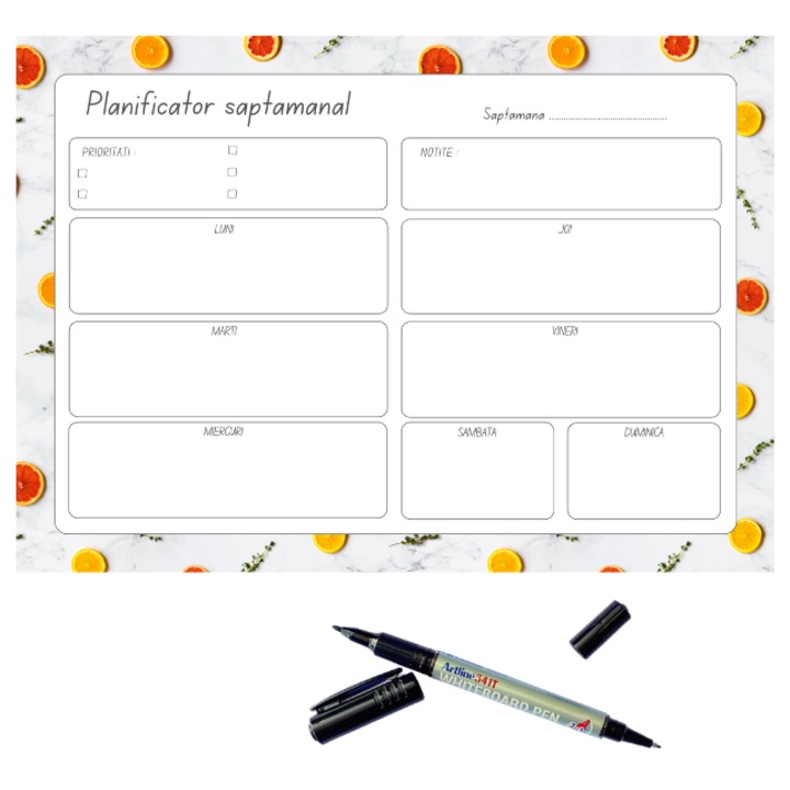 Planner Magnetic Reutilizabil pentru Organizarea Activitatilor si Responsabilitatilor Saptamanale, format A4 + Marker Whiteboard cu Doua Capete
