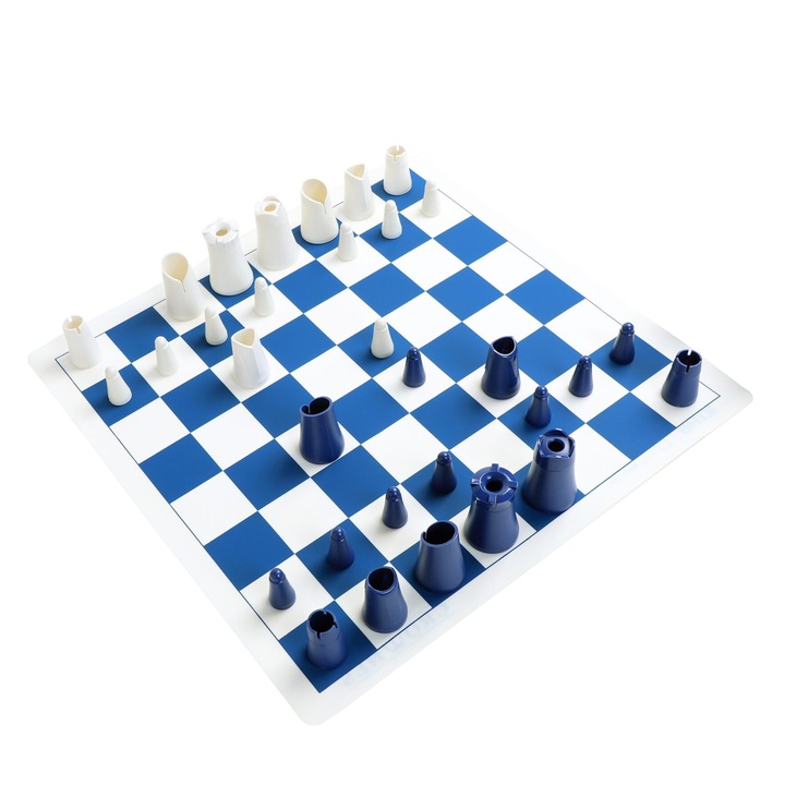 Joc de sah DesignNest, Crowness Chess, 32 piese stivuibile, 43 x 43 cm, baza din silicon, depozitare in etui, usor de transportat, design minimalist, alb/albastru