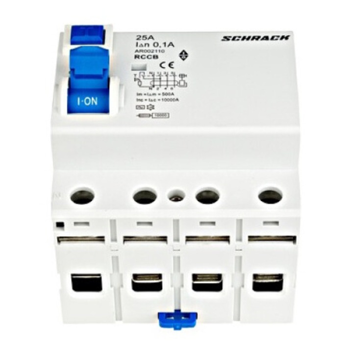 Intreruptor diferential RCCB, 4P, 25A, 100mA, 10kA, tip AC, AMPARO, AR002110--, Schrack