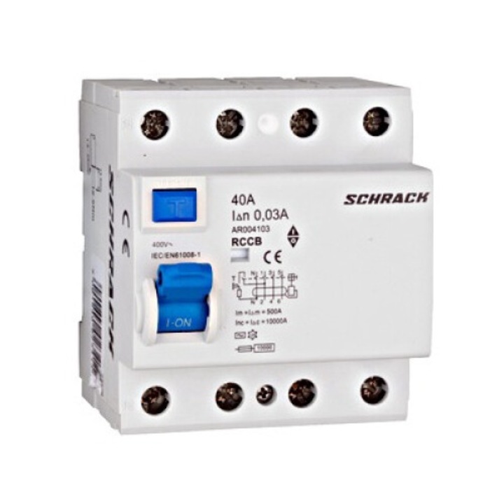 Intreruptor diferential RCCB, 4P, 40A, 30mA, 10kA, tip AC, AMPARO, AR004103--, Schrack