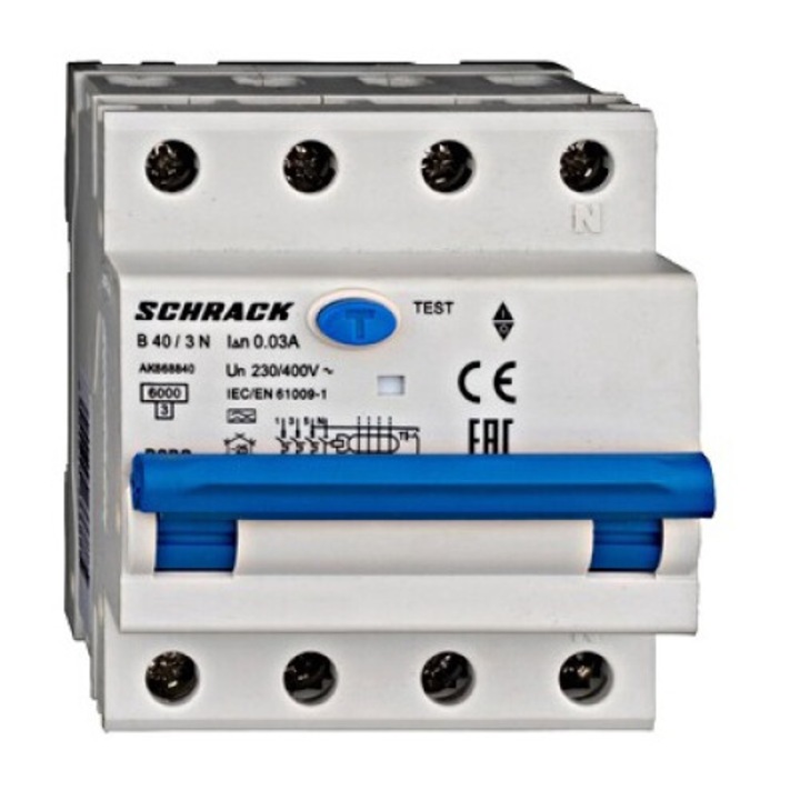Intreruptor diferential RCBO, 3P+N, 40A, 30mA, 6kA, curba B, tip A, AMPARO, AK668840--, Schrack