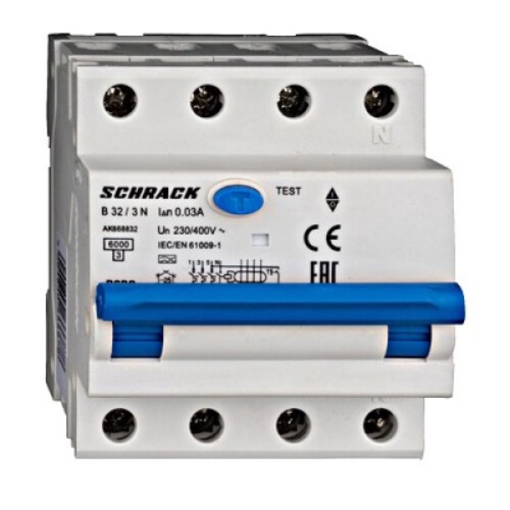 Intreruptor diferential RCBO, 3P+N, 32A, 30mA, 6kA, curba B, tip A, AMPARO, AK668832--, Schrack
