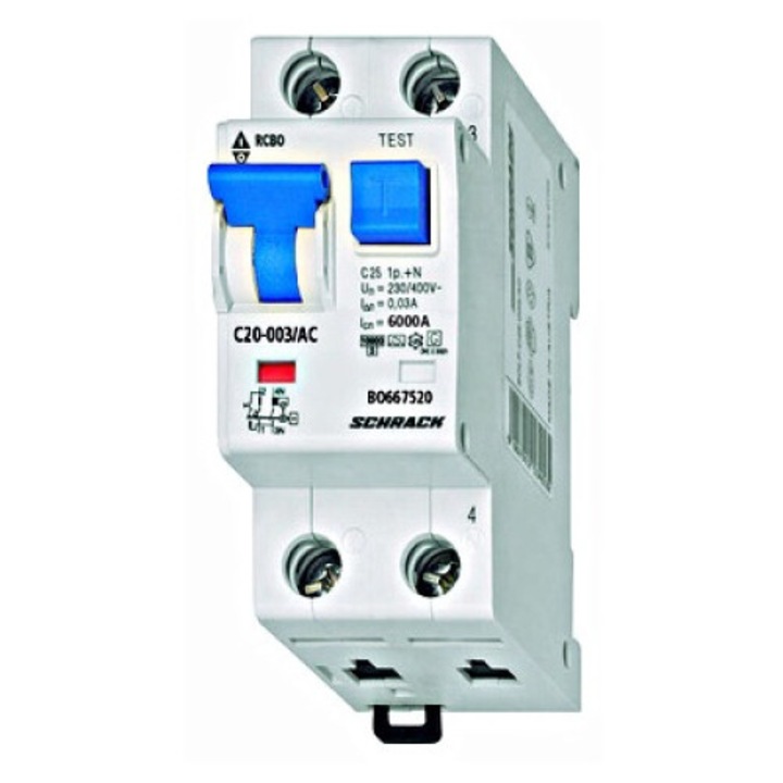 Intreruptor diferential RCBO, 1P+N, 20A, 30mA, 6kA, curba C, tip AC, BOLF, BO667520--, Schrack