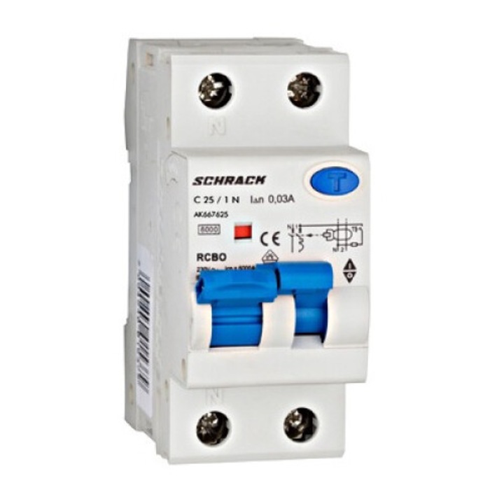 Автоматичен предпазител с дефектнотокова защита RCBO, 1P+N, 25A, 30mA, 6kA, крива C, тип A, AMPARO, AK667625--, Schrack Technik