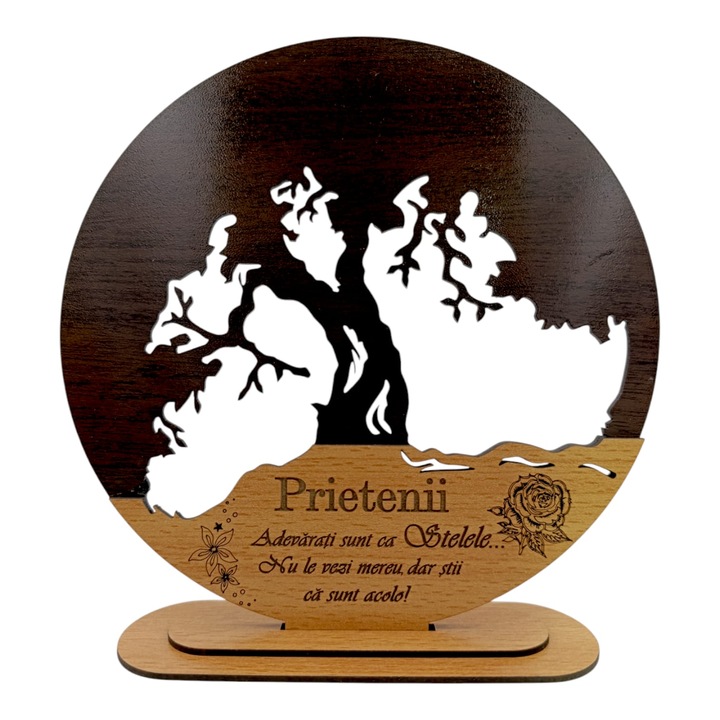Decoratiuni blank inima copacul vietii, personalizat "Prietenii adevarati sunt ca...", baza cu suport din lemn, maro, 20cm