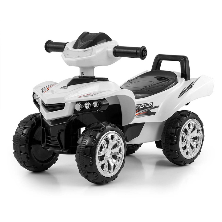 Masinuta pentru copii Milly Mally Monster, alb/negru, 58x36x41.5cm, cu scaun ergonomic si roti mari