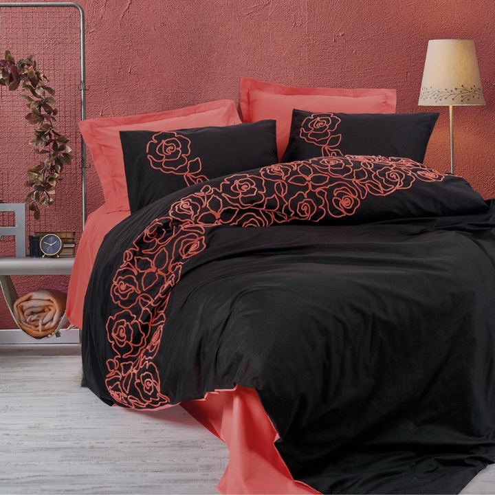 Set lenjerie de pat dublu, 6 piese, Cottonbox, de pat dublu, 6 piese, Cottonbox, Rosen Corai, Bumbac 100%
