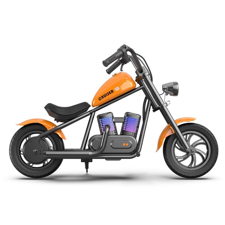 Motocicleta electrica HYPER GOGO Cruiser 12 Plus, cadru din otel, 3 viteze, lumini LED, portocaliu, sarcina maxima 65kg, 6ani+