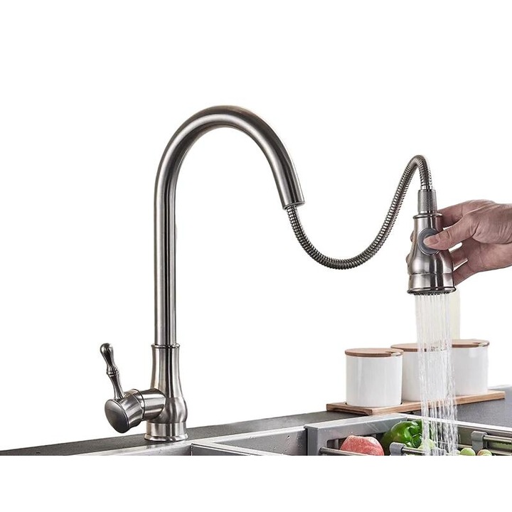 Szaniter csaptelep, ezüst, modern dizájn, szálcsiszolt kivitel, munkalapra szerelhető