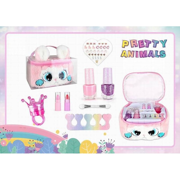 Set de machiaj si manichiura pentru copii Malplay, in geantuta eleganta cu accesorii incluse, Pink Kitty