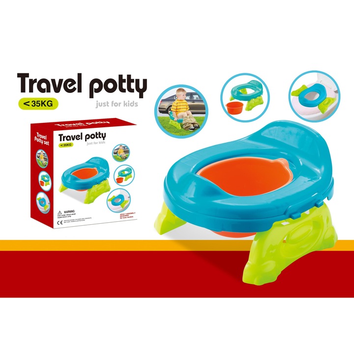 Olita de calatorie si scaun de toaleta 2 in 1, portabila si pliabila, cu vas colector detasabil, 41 x 27.5 x 10 cm, Blue/Green