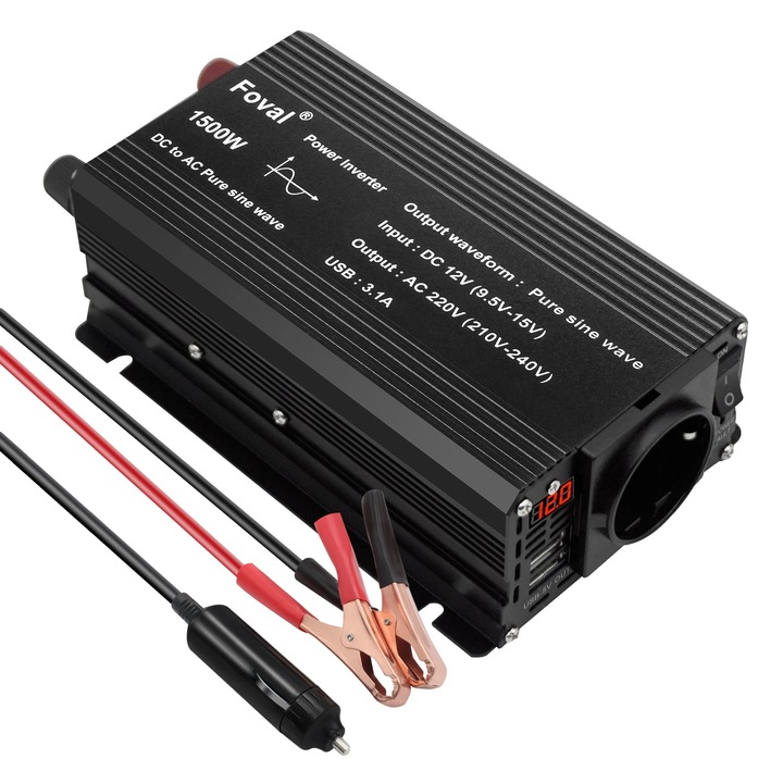 Invertor auto Foval, 1500W, unda sinusoidala pura, 12V la 220V, design compact