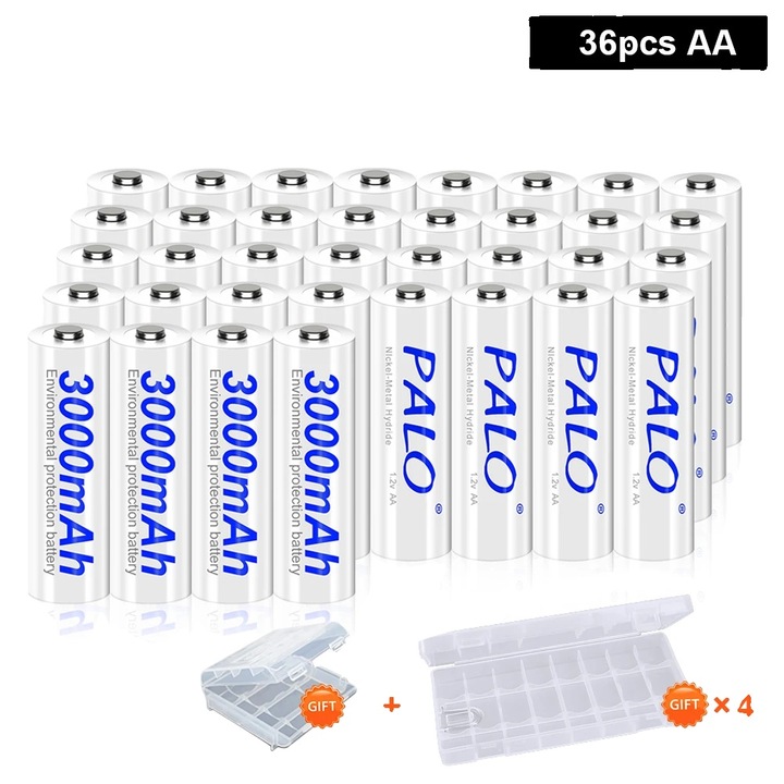 Baterii AA reincarcabile, 3000mAh, set de 36 bucati, capacitate reala 2200mAh, Ni-MH