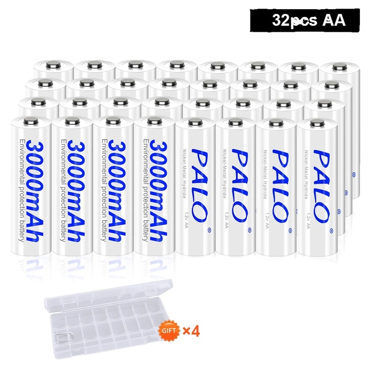 Set 32 baterii AA reincarcabile Ni-MH, capacitate 3000mAh, compatibile cu diverse dispozitive