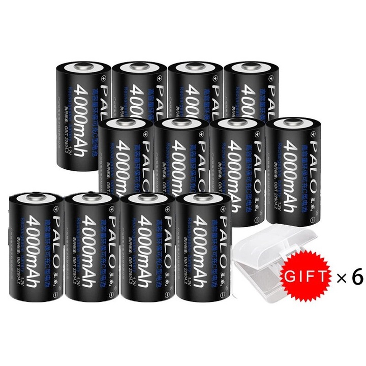 Set 12 baterii reincarcabile C, 4000mAh, Ni-MH, negru, recipient cadou inclus
