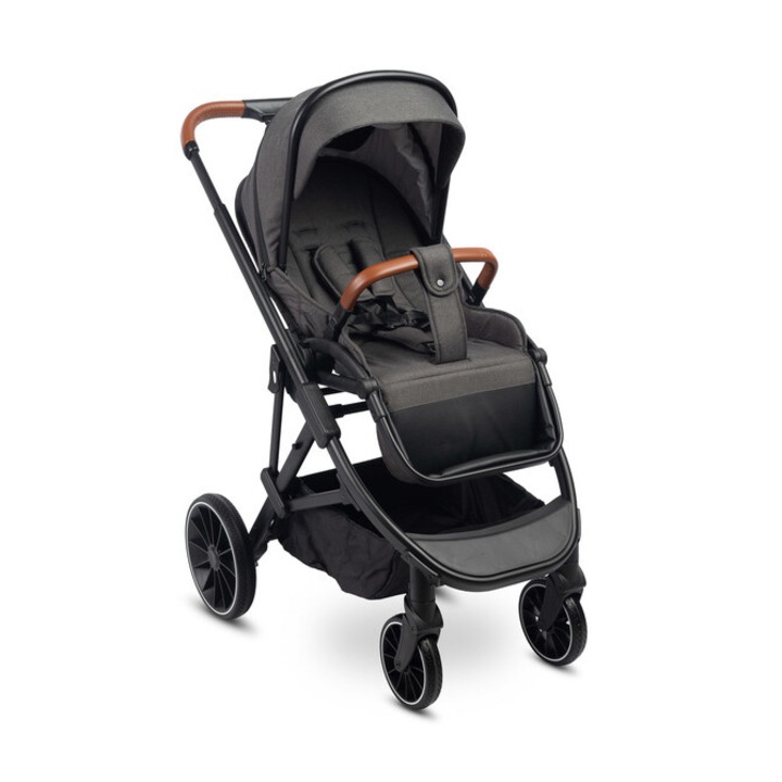 Carucior pentru copii Caretero Ratio, gri inchis, roti din spuma, 93x59x113cm, cu folie de ploaie