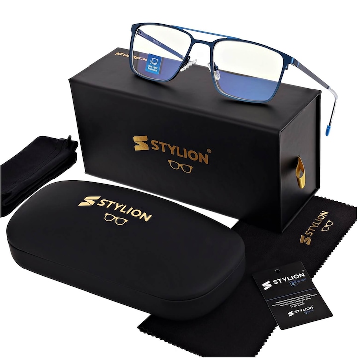 Ochelari de vedere STYLION, +2.00, cu protectie Blue Light si antireflex, albastru, set complet.