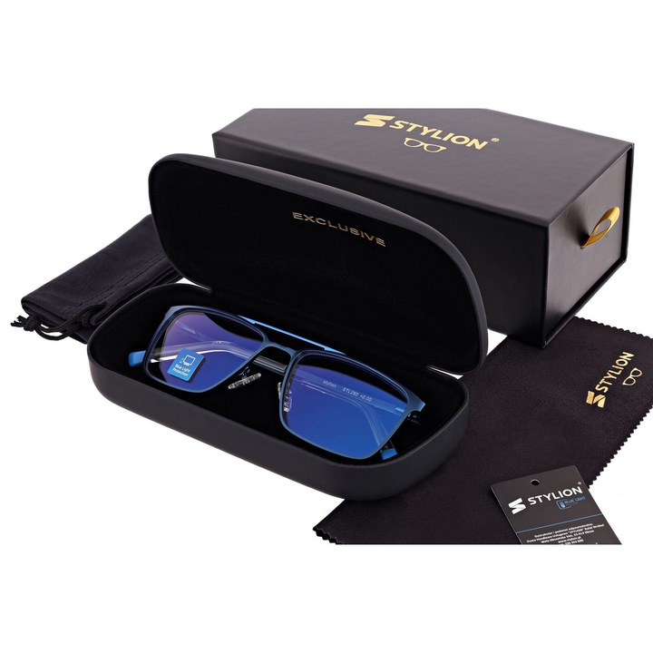 Ochelari de vedere STYLION, +2.00, cu protectie Blue Light si antireflex, albastru, set complet